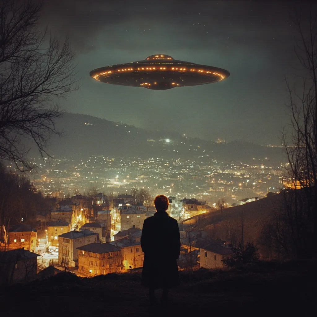 A person stands silhouetted against a nighttime cityscape, gazing upwards at a large, illuminated UFO hovering in the dark sky. The city lights twinkle below, creating a dramatic contrast with the dark, ominous presence of the spacecraft.  The scene evokes a sense of mystery and wonder, possibly hinting at an alien encounter.