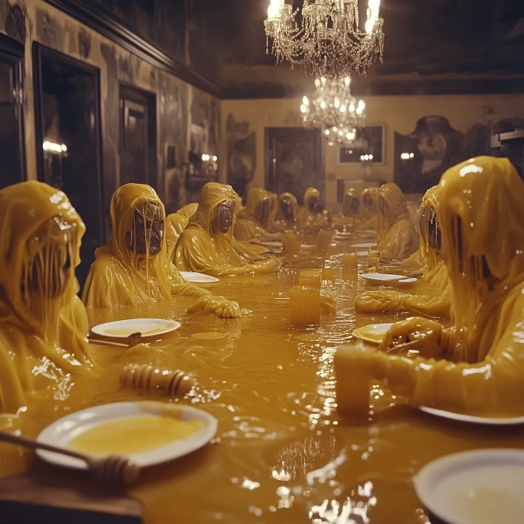 A long dining table is submerged in a thick, golden liquid, possibly honey or a similar viscous substance.  Figures in hooded, yellow, seemingly melted suits are seated around the table, their faces obscured.  The scene is set in an opulent, dimly lit dining room with crystal chandeliers, creating a surreal and unsettling atmosphere.  Plates and honey dippers are scattered on the table, adding to the bizarre tableau.