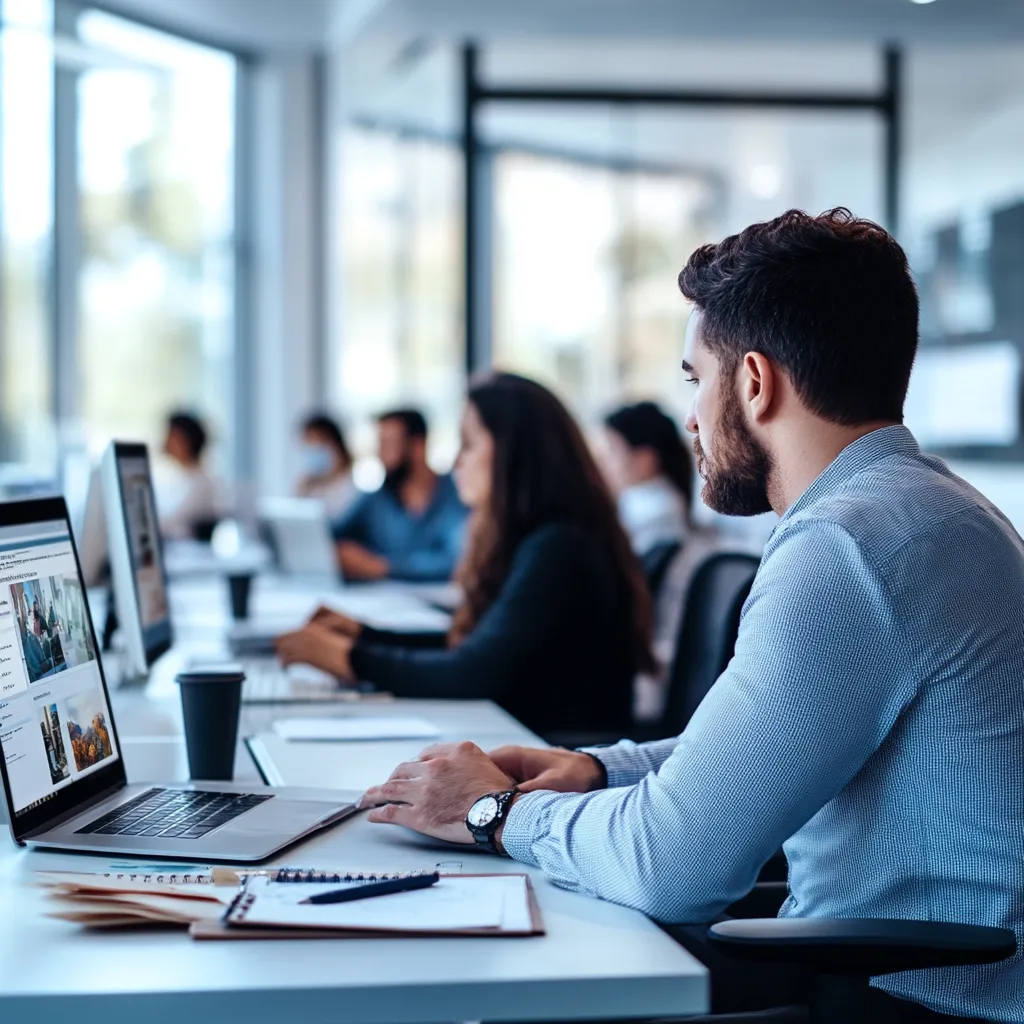 A focused young man sits at his desk in a modern office, intently working on his laptop.  The screen displays a website with images.  Blurred in the background, colleagues are also working at their individual desks, creating a busy yet productive atmosphere. The scene suggests a collaborative work environment with a professional and technological focus.  The overall tone is one of concentration and efficiency.