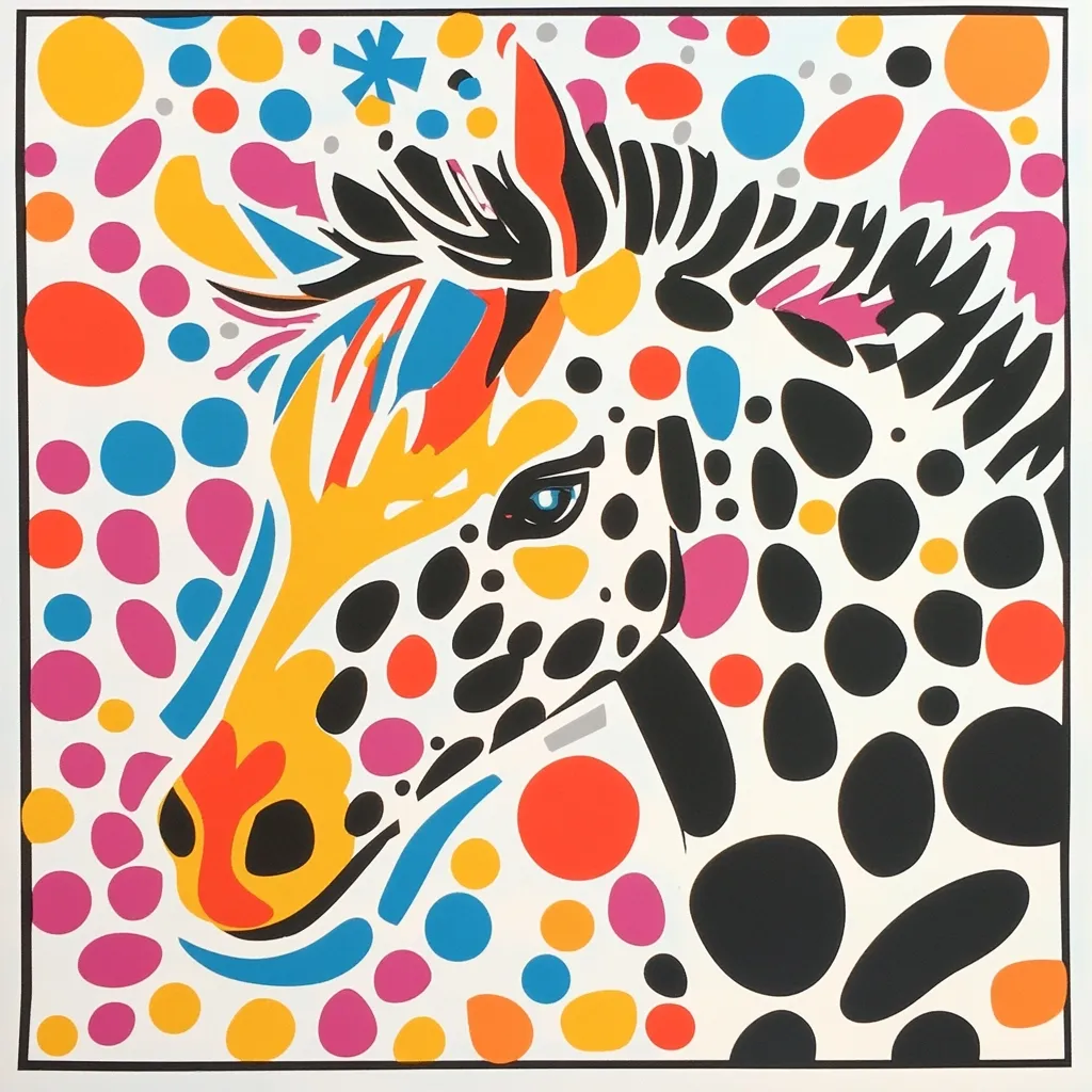A vibrant, stylized portrait of a zebra's head is presented against a backdrop of colorful polka dots.  The zebra's coat is depicted in a bold, abstract manner, utilizing a mix of black, white, and bright hues like yellow, orange, pink, and blue.  The artist's style employs sharp lines and contrasting colors, creating a playful and energetic piece of art. The overall effect is bold and modern, reminiscent of pop art.