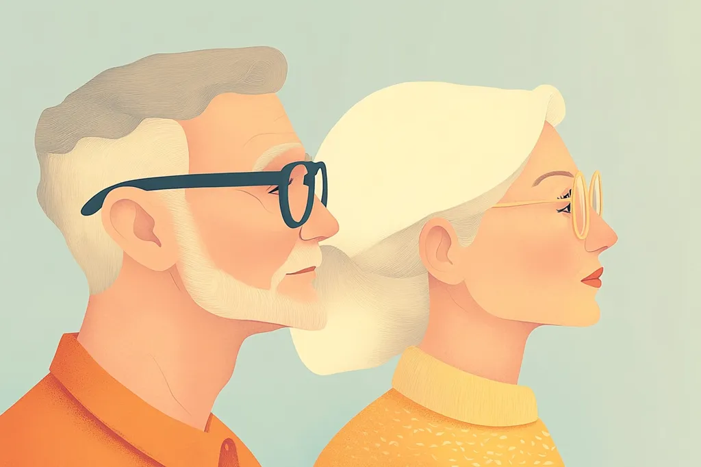 A stylized illustration depicts an elderly couple in profile view. The man, with short gray hair and dark-rimmed glasses, wears an orange shirt.  His wife, with short white hair and round gold-rimmed glasses, is dressed in a yellow sweater.  Both are facing right, their expressions serene and contemplative. The pastel color palette and soft lines create a gentle and peaceful mood.