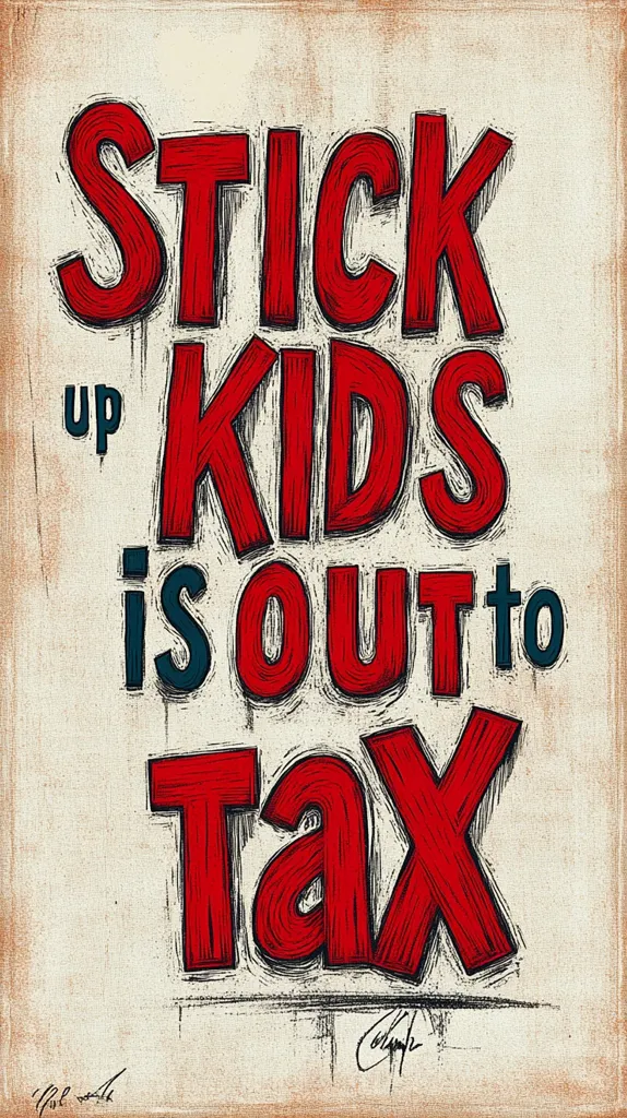 Here's a description of the image:

The image is a stylized graphic design featuring the phrase "STICK UP KIDS IS OUT TO TAX" in bold, hand-drawn lettering. The words "STICK UP" and "KIDS" are in large, red, textured lettering, while "IS OUT TO" is smaller and dark teal.  "TAX" is again large and red. The overall style evokes a vintage or retro poster feel, with a slightly distressed, textured background in off-white or beige.  A faint artist's sketch is visible beneath the lettering, adding to the handmade aesthetic.  A signature is present in the bottom right corner.
