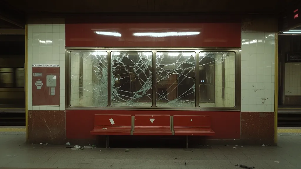 A subway station platform scene is captured, with a focus on a vandalized alcove.  The alcove's large window is shattered, spiderweb cracks spreading across the glass panes.  Below, a red bench sits, seemingly untouched.  The surrounding walls are tiled, showing signs of wear and dirt. The overall atmosphere is one of neglect and urban decay, accentuated by the dim lighting of the station.  A blurred train is visible in the background.