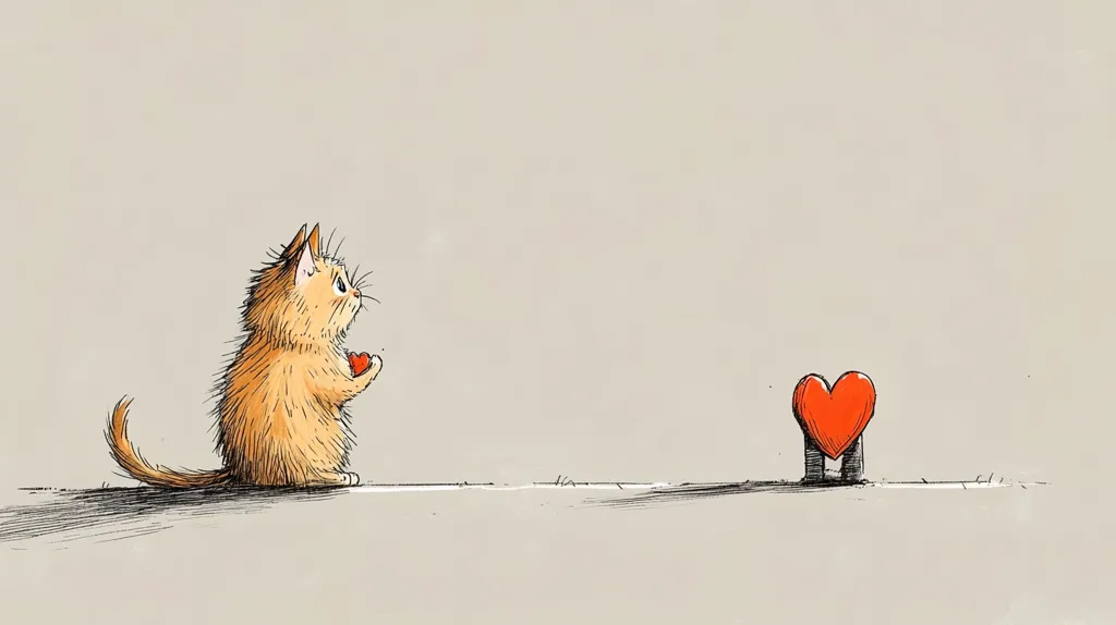 A cute, orange kitten stands holding a small heart, gazing longingly towards a larger heart situated on two small posts in the distance.  The scene is simple, drawn in a minimalist style against a muted background, conveying a feeling of innocent affection or longing.  The overall impression is one of sweetness and gentle hope.