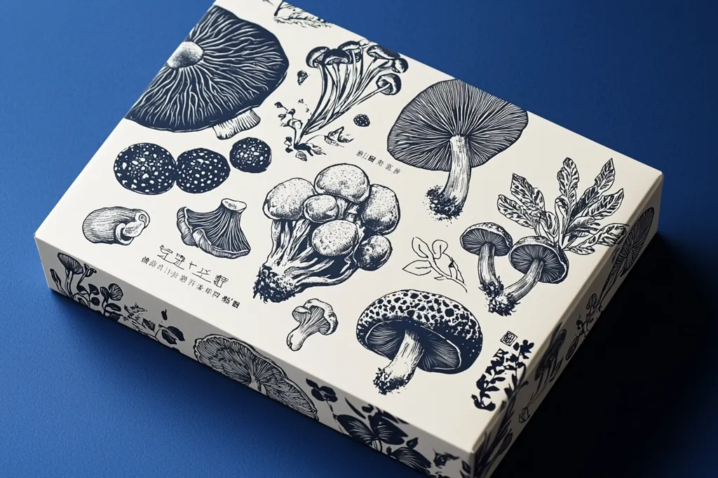 A cream-colored box features an intricate design of various mushrooms in dark blue ink.  The illustration style is reminiscent of botanical prints, with detailed depictions of different mushroom caps and stems.  Smaller mushrooms, clusters, and leafy details are scattered across the box, creating a visually rich pattern.  Japanese characters are visible, likely indicating the product name and origin. The box suggests a high-quality, possibly gourmet, mushroom product.