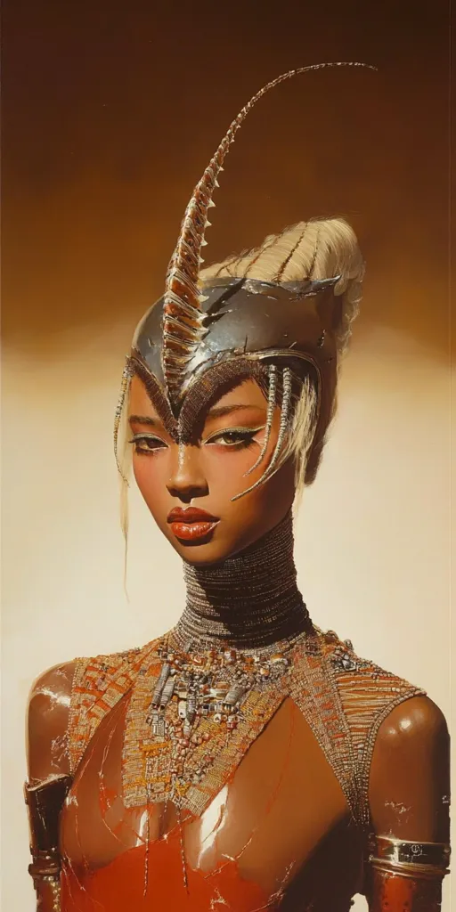 A dark-skinned woman is adorned in elaborate, futuristic attire. A striking headdress, resembling a stylized insect, features a long, curved horn and intricate metallic details.  Her neck and chest are layered with ornate necklaces and beaded embellishments.  The reddish-orange garment she wears is textured and glossy, complementing the metallic tones of her jewelry.  The overall effect is one of regal elegance and otherworldly sophistication.