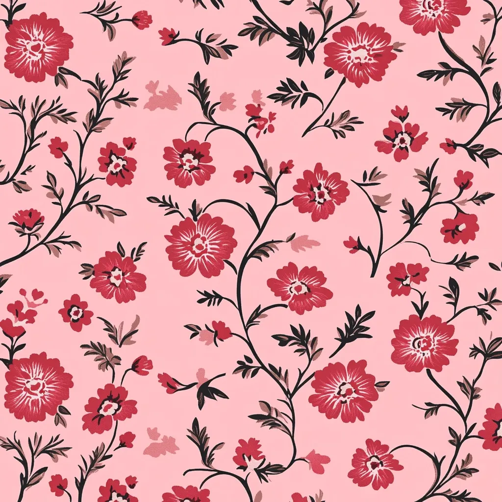A delicate pink background is adorned with a repeating pattern of dark-stemmed, crimson flowers.  The floral design features varying sizes of blossoms, creating a sense of depth and movement. Smaller, accompanying buds and leaves add to the intricate detail of the overall romantic and classic aesthetic. The pattern is evenly distributed, maintaining visual balance across the entire image.