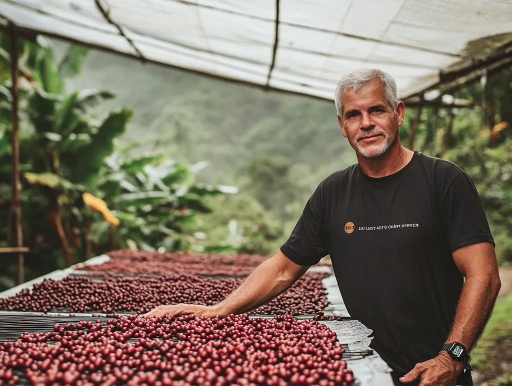 A man with graying hair stands proudly beside a vast expanse of drying coffee cherries, meticulously spread across a raised platform.  He's wearing a black t-shirt with a logo, suggesting involvement in coffee production. The setting is a greenhouse or covered structure, lush greenery visible beyond.  The image conveys a sense of agricultural expertise and the meticulous process of coffee cultivation.