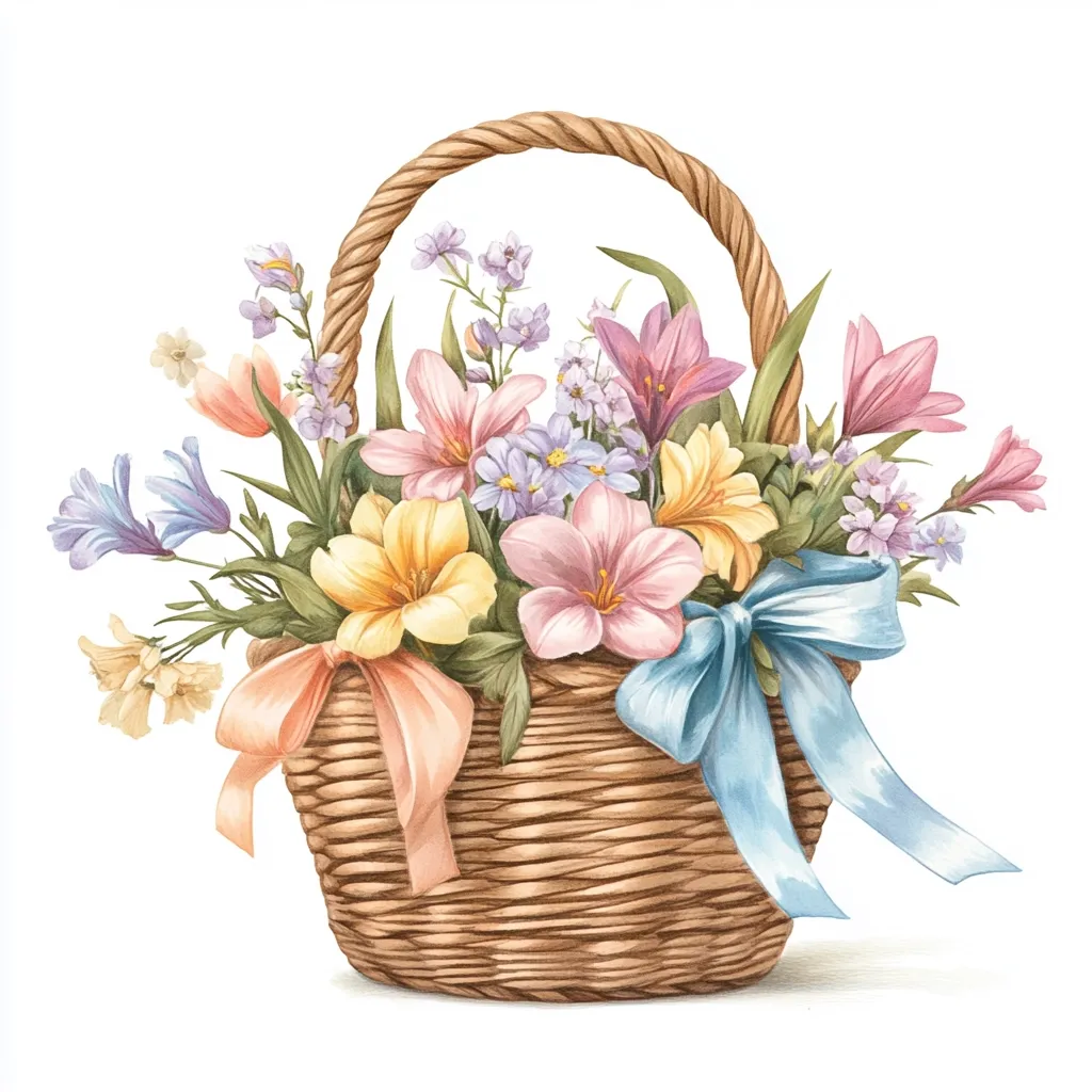 A charming wicker basket overflows with a delightful arrangement of pastel-colored flowers.  Delicate lilies, forget-me-nots, and other spring blooms are artfully nestled together.  Peach and light blue ribbons add a touch of elegance, creating a picture of springtime beauty and joyful gifting. The watercolor style lends a soft, romantic feel to the image.