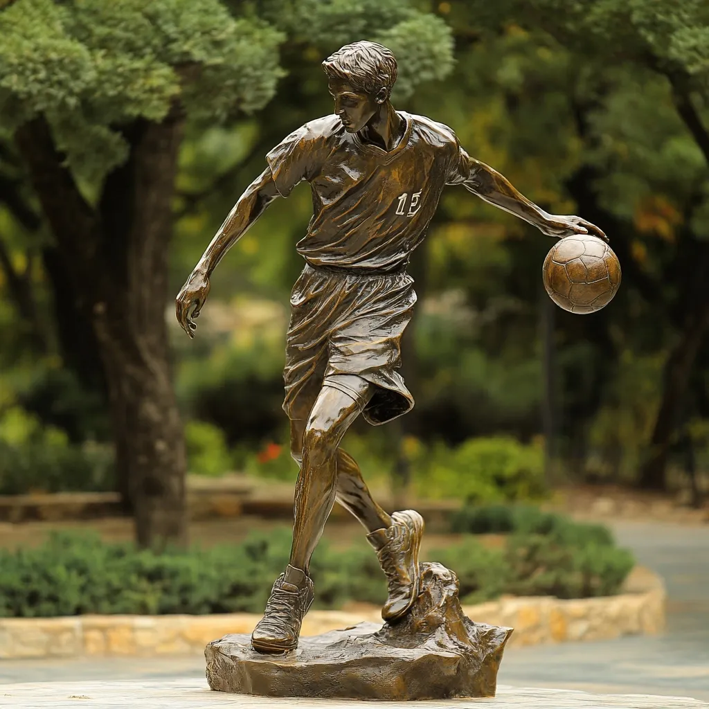 A bronze statue depicts a dynamic soccer player in mid-stride, his body angled, suggesting motion and skill.  The player, wearing a jersey with the number 15,  controls the ball with his right hand.  The detailed sculpture captures the athlete's musculature and the texture of his clothing. The statue is mounted on a rough-hewn rock base, set against a blurred backdrop of lush greenery, enhancing the bronze's rich tones.  The overall effect is one of power, grace, and athleticism.