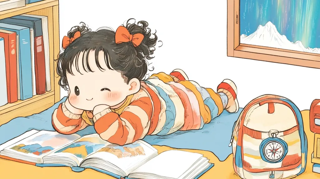 A cute toddler girl with dark hair and orange bows lies on a blue blanket, engrossed in a colorful open book.  She wears a striped sweater and pants. A bookshelf filled with books is visible in the background, and next to her is a striped backpack with a compass attached.  A window shows a snowy mountain scene with a vibrant aurora borealis. The overall style is soft, whimsical, and childlike.
