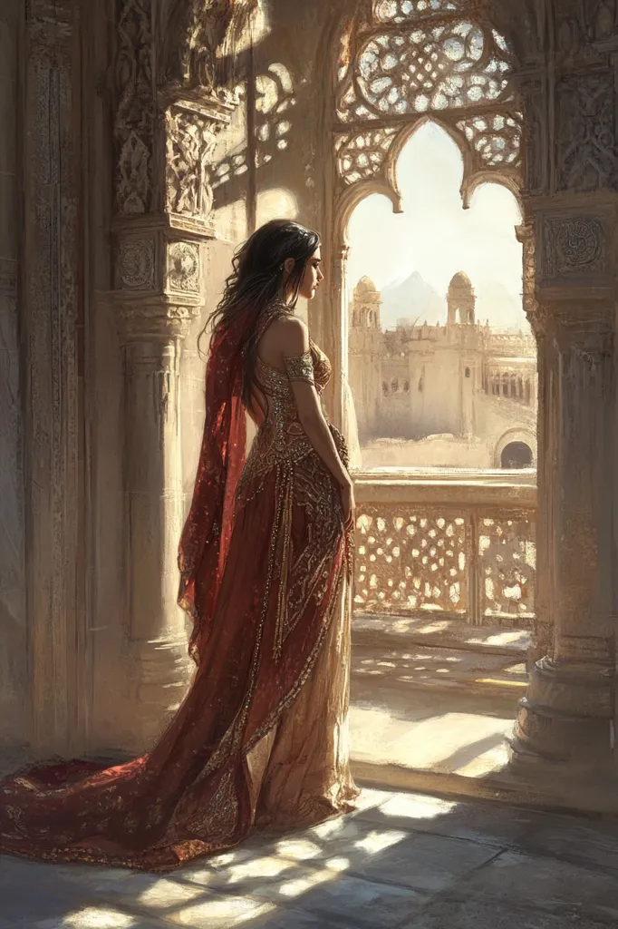 A woman in a richly embroidered, crimson gown stands at a balcony overlooking a sun-drenched, ancient city.  The ornate architecture of the palace contrasts with the dusty landscape beyond.  Sunlight streams through an intricately carved window, illuminating the woman's flowing garments and casting shadows on the floor. She gazes pensively at the distant view, her expression melancholic yet regal.