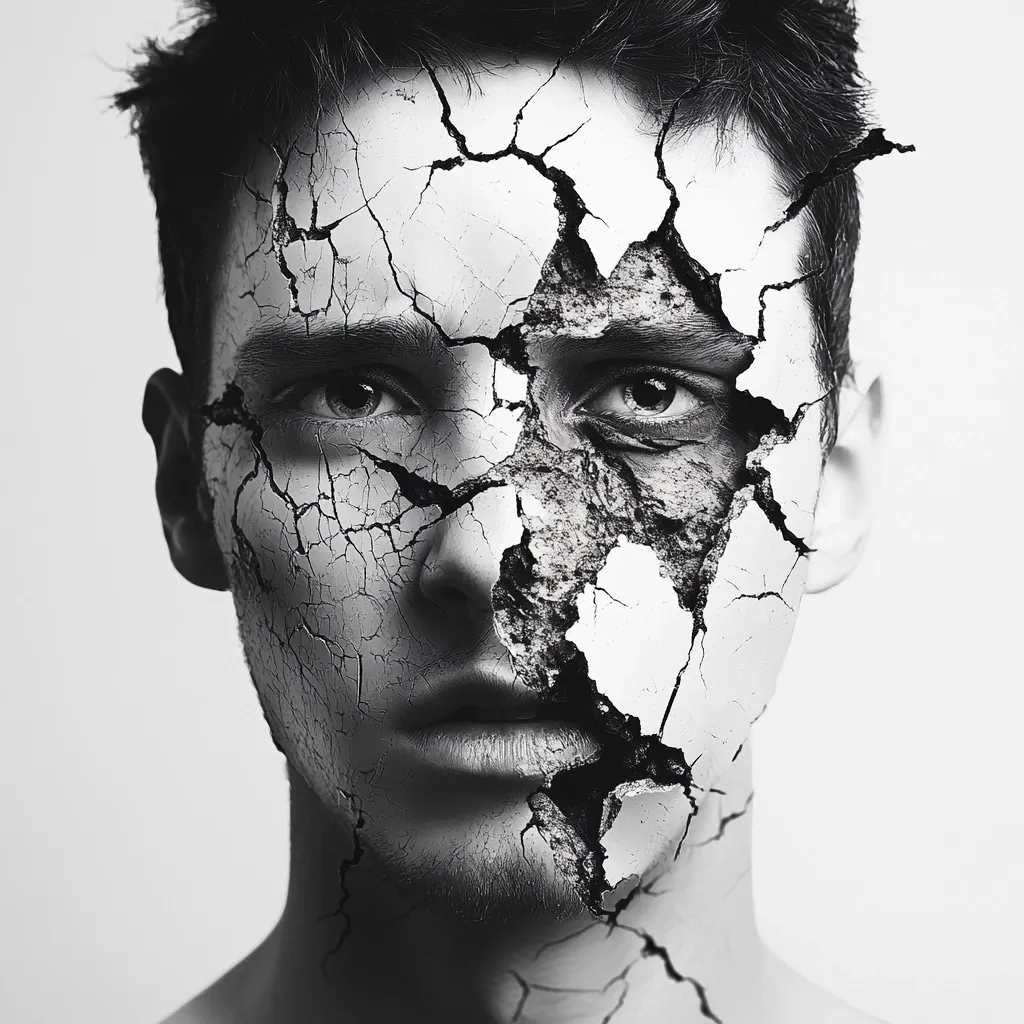 A black and white close-up portrait of a young man's face.  His skin is dramatically cracked and fractured, resembling crumbling stone or concrete. The cracks extend across his forehead, cheeks, and around his eyes, creating a stark and unsettling image.  The expression on his face is serious, almost stoic, adding to the overall sense of fragility and internal turmoil.