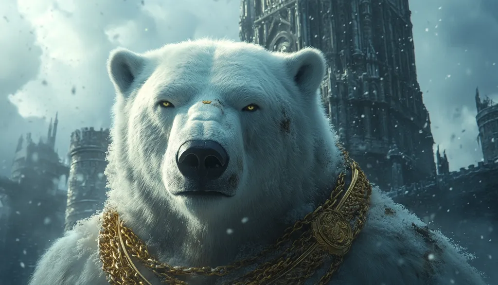 A majestic polar bear, adorned with a heavy gold chain and medallion, dominates the foreground.  Its piercing yellow eyes gaze intensely forward.  Snow dusts its fur, contrasting with the ornate gold jewelry.  A large, gothic-style castle looms in the background, partially obscured by falling snow and a brooding sky, creating a dramatic and powerful image. The bear appears regal, almost kingly, in its snowy, fortified domain.
