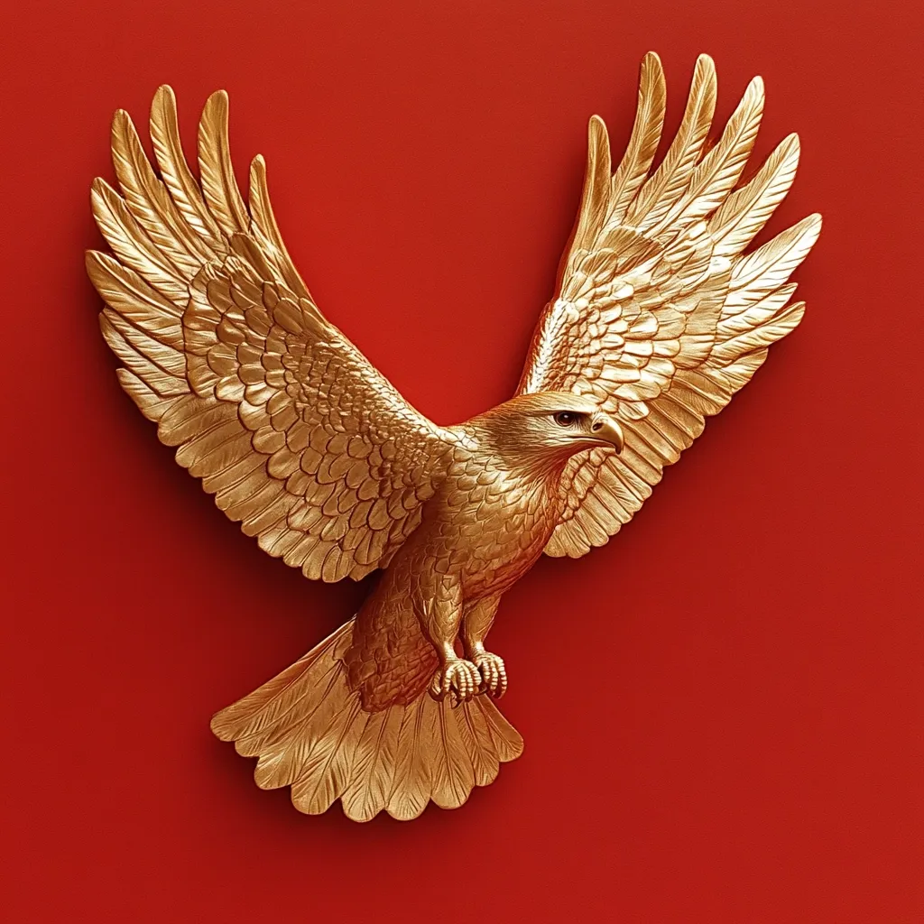 A gold eagle sculpture is mounted on a vibrant red background.  The eagle is depicted in mid-flight, wings outstretched, showcasing intricate detailing in its feathers. The metallic gold finish gives the piece a regal and majestic quality.  The contrast between the gold and the red creates a striking visual effect.
