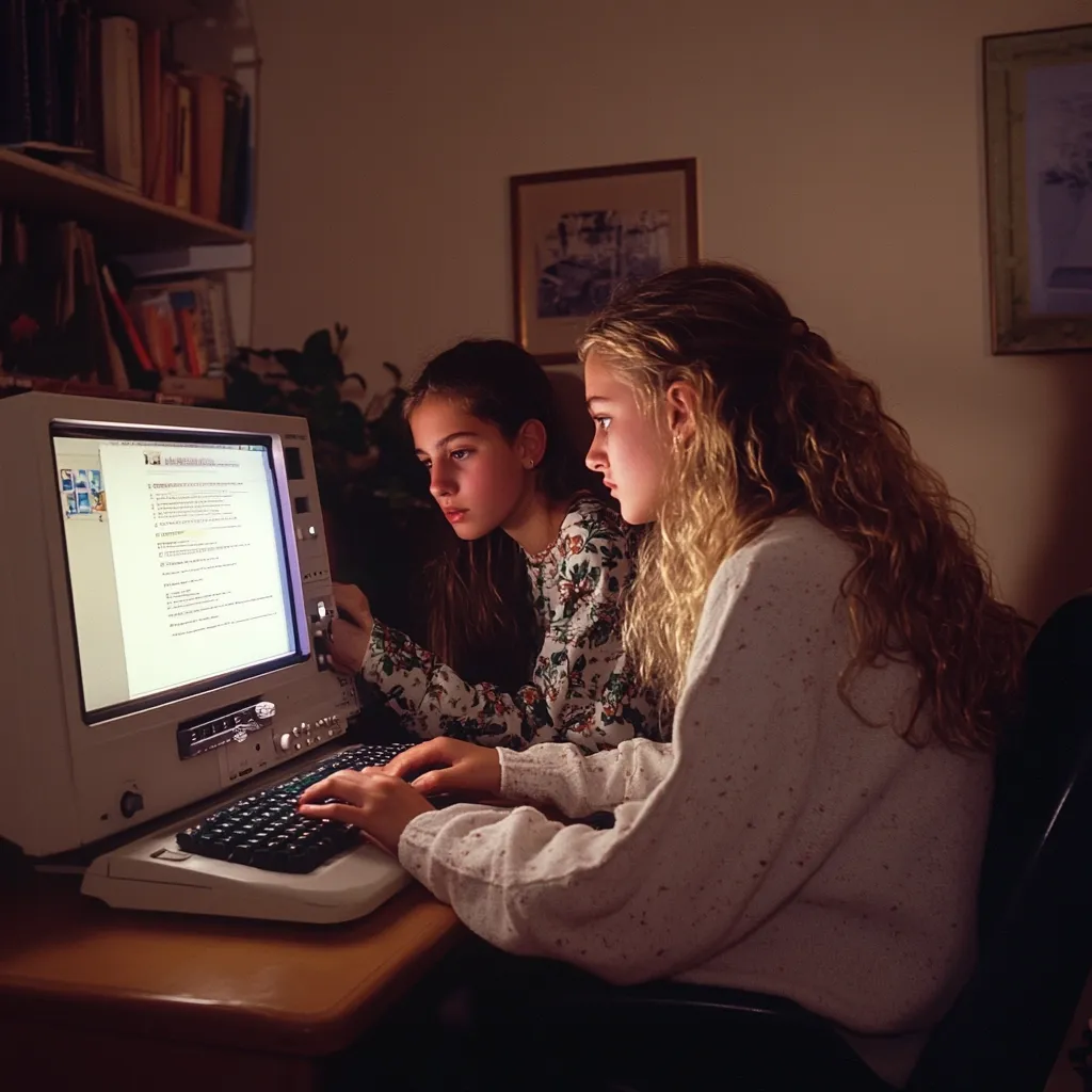 Two teenage girls sit together at a desk in a dimly lit room, using an older model desktop computer.  The screen displays text, possibly an assignment or online document.  One girl operates the keyboard while the other looks on, suggesting collaboration on a shared task. The warm lighting highlights their focused attention on the computer.  Bookshelves filled with books are visible in the background.