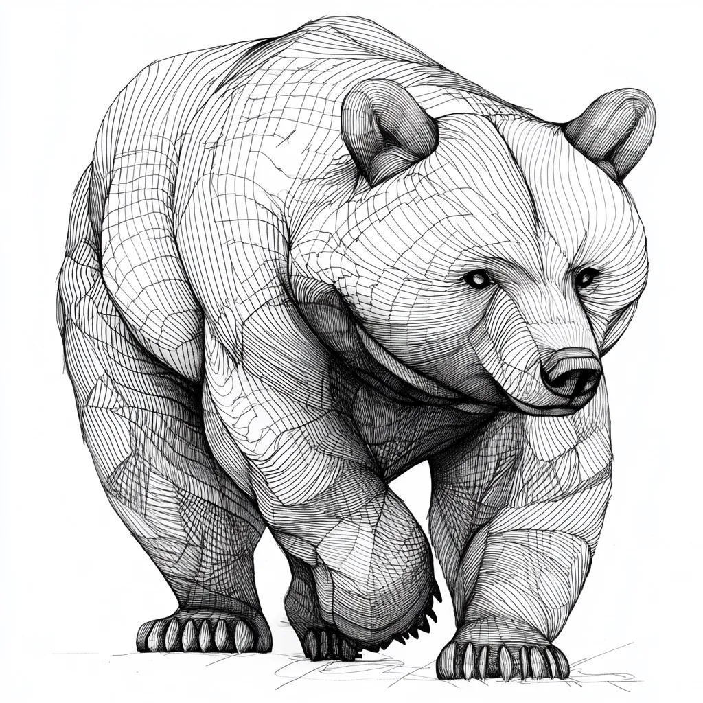 Here's a description of the image:

The image is a detailed line drawing of a bear, rendered in black ink on a white background. The style is reminiscent of technical illustration or a wireframe model, with intricate cross-hatching and lines defining the bear's musculature and fur. The bear is depicted walking towards the viewer, its powerful legs and body emphasized by the fine lines. Its head is slightly lowered, and the expression is one of calm determination. The level of detail in the drawing makes the bear's texture and form strikingly realistic, despite the abstract line work.