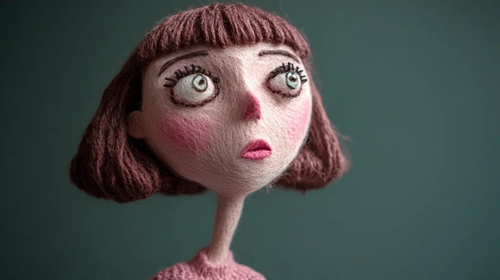 A meticulously crafted yarn doll, with a bobbed hairstyle, gazes upward.  Her large, expressive eyes and delicately stitched features convey a pensive mood.  The doll's rosy cheeks and muted pink sweater add to her charming yet slightly melancholic appearance. The background is a deep teal, contrasting with the doll's soft tones.