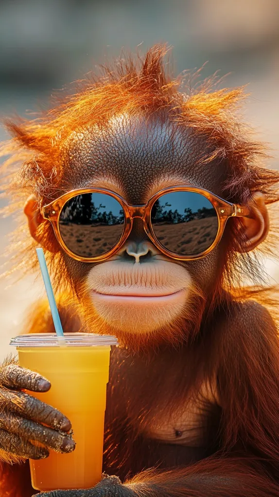 A young orangutan, sporting round sunglasses, sits and holds a refreshing orange juice drink.  Its bright orange fur contrasts with the dark shades, creating a humorous and appealing image. The primate's relaxed posture and contented expression enhance the overall lightheartedness of the photograph.  The setting appears to be outdoors, bathed in warm, golden sunlight.