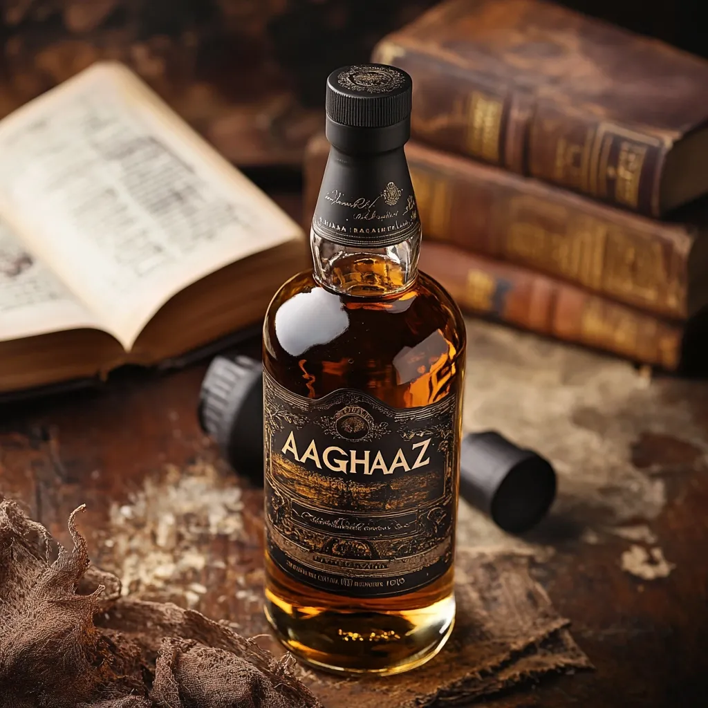A bottle of Aaghaaz whisky sits on a dark wooden surface, next to an open book and a stack of antique books.  The bottle's label features intricate detailing and a dark, elegant design. The amber liquid inside is visible. The overall setting evokes a sense of history and sophistication.  The scene is dimly lit, focusing attention on the whisky bottle.