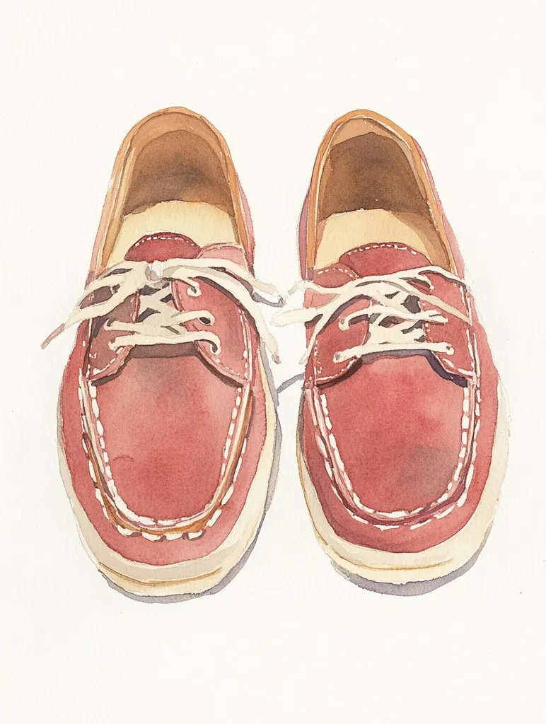 A watercolor painting depicts a pair of reddish-brown boat shoes from above.  The shoes have cream-colored laces and soles, and are neatly arranged. The style is simple and slightly stylized, with a focus on soft color transitions and subtle details. The background is plain white, drawing attention to the shoes.