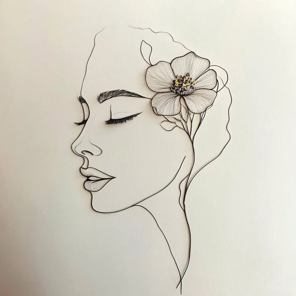 A minimalist wire sculpture depicts a woman's serene profile, eyes closed, adorned with a delicate flower blooming from her hair.  The thin, dark wire creates clean lines defining the face and a single, detailed blossom, suggesting a theme of beauty, tranquility, and the natural world. The artwork is rendered on a light beige background, enhancing the contrast and simplicity of the design.