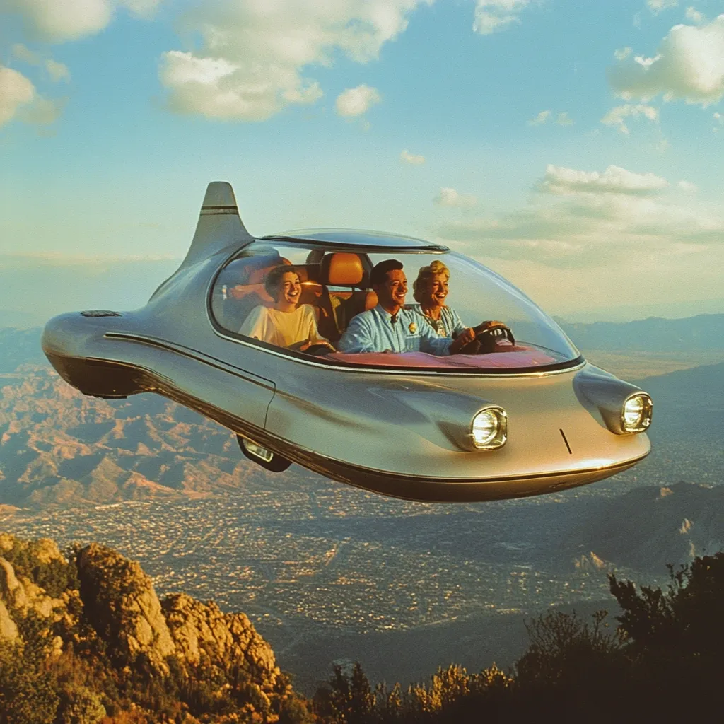 A futuristic, silver flying car soars above a sprawling landscape. Three smiling passengers are visible inside the transparent bubble-like cabin.  The car's sleek, aerodynamic design suggests a vision of advanced transportation. Mountains and a city spread out below, showcasing the vehicle's high altitude.  The image evokes a sense of retro-futurism and effortless travel.