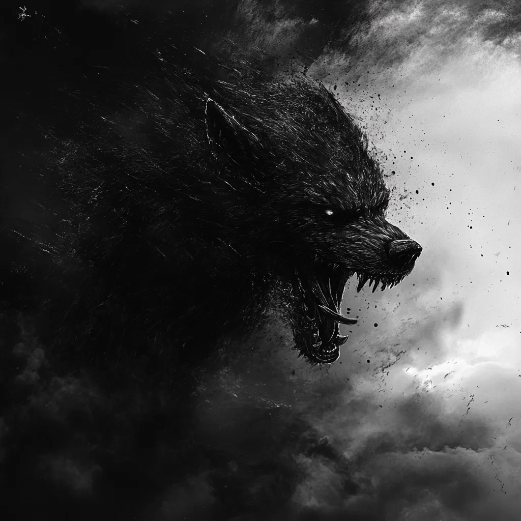 A monochrome illustration depicts a snarling wolf, its form dissolving into dark, smoky clouds.  The wolf's ferocious expression and textured fur create a sense of power and menace. The background is a dramatic interplay of light and dark, mirroring the creature's shadowy nature.  The overall effect is one of primal energy and impending chaos.