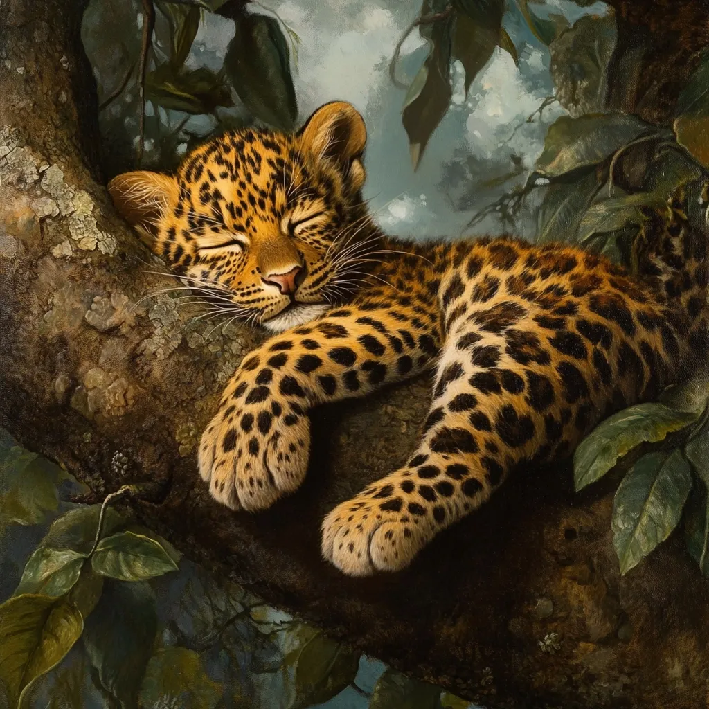 A painting depicts a leopard cub peacefully sleeping on a tree branch.  The cub's eyes are closed, and its spotted coat is vividly detailed.  The branch is thick and textured, nestled amongst lush, dark green leaves. The background suggests a dappled light filtering through a dense canopy. The overall style is realistic, highlighting the animal's soft fur and the details of its surroundings.
