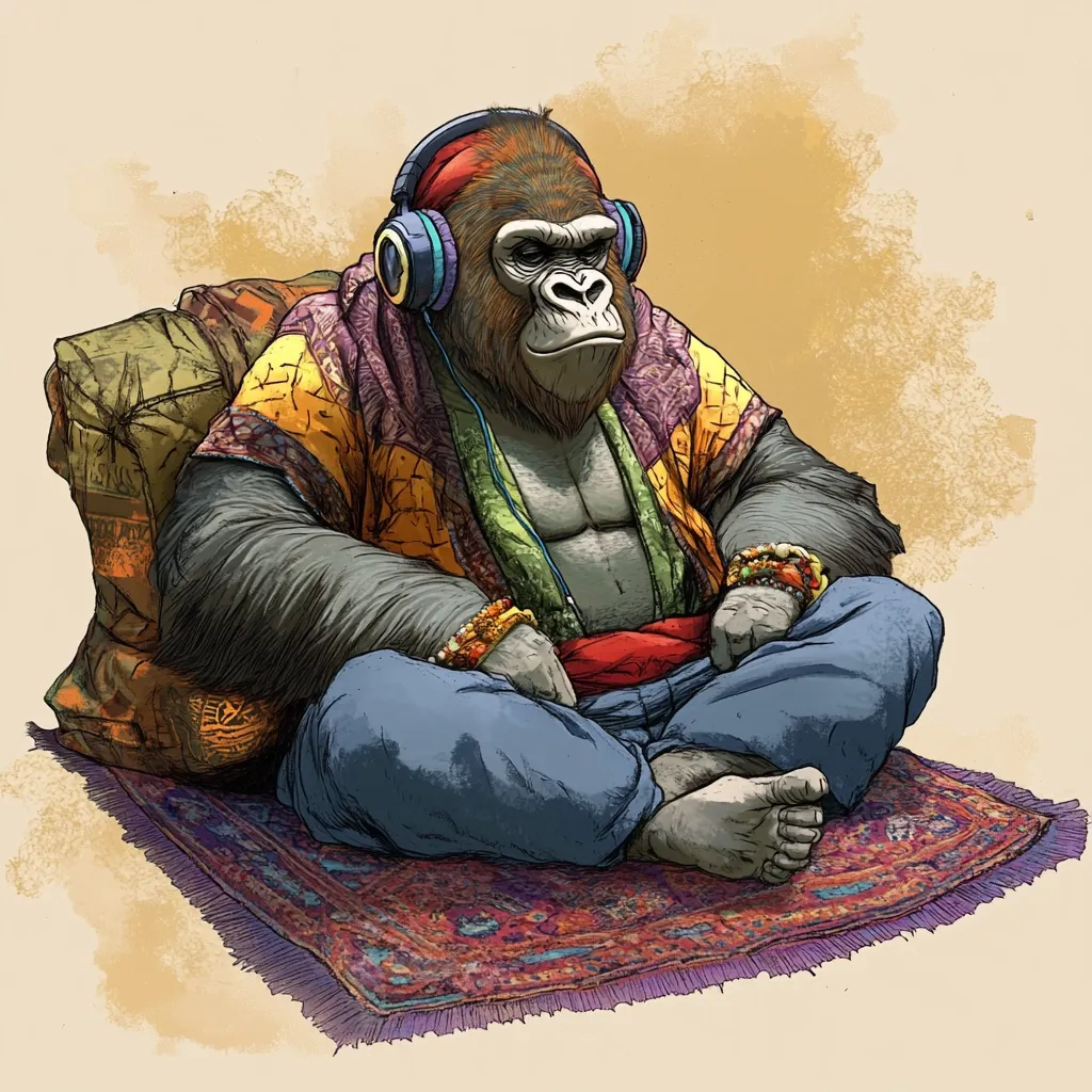 A gorilla, adorned in colorful bohemian attire, sits cross-legged on an ornate rug.  He wears oversized headphones and numerous bracelets, exuding a relaxed and thoughtful demeanor.  A large, patterned cushion rests behind him.  The image is rendered in a detailed, almost sketched style, with muted earth tones contrasting against the vibrant colors of his clothing. The overall vibe is one of peaceful contemplation and unexpected style.