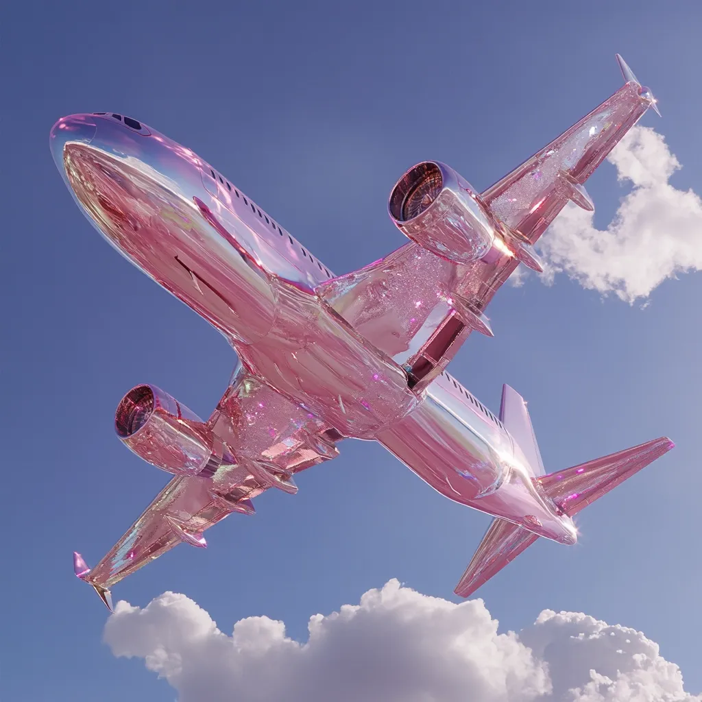 A pink, glitter-covered airplane soars against a vibrant blue sky dotted with fluffy white clouds.  The aircraft's reflective surface catches the sunlight, creating a dazzling spectacle.  Its shiny pink fuselage and engines glisten, presenting a surreal and eye-catching image. The perspective is from below, looking up at the plane in flight.