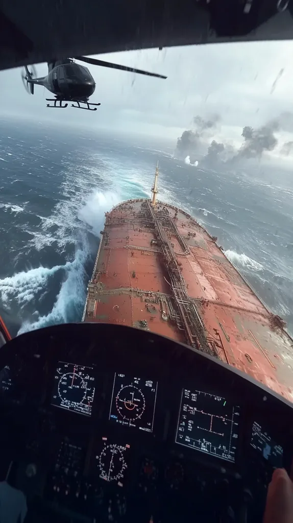 A helicopter flies above a large oil tanker battling rough seas.  Heavy waves crash against the ship's hull. The helicopter's cockpit instruments are visible, showing its position and flight data. Dark storm clouds loom in the background. The scene suggests a challenging maritime operation, perhaps a rescue or supply mission in adverse weather conditions.