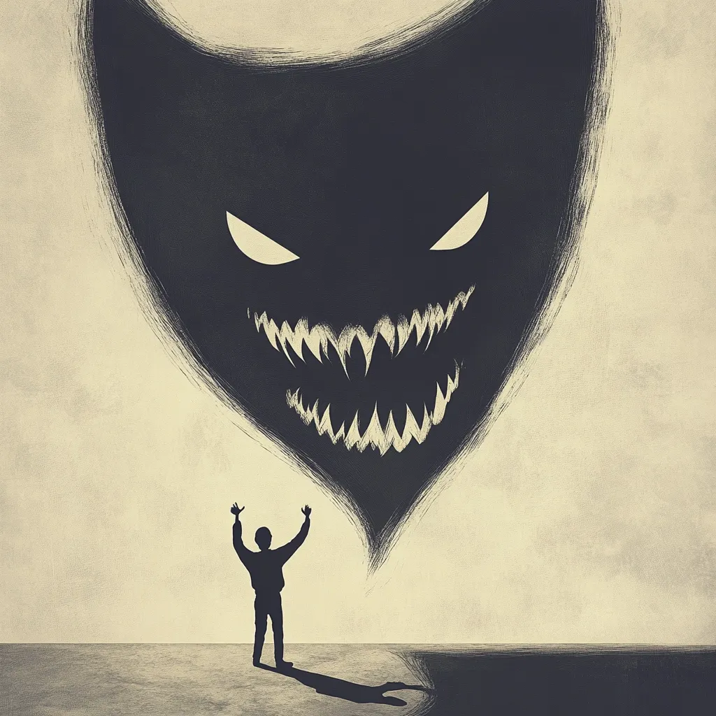 The artwork depicts a lone figure, arms raised in a gesture of surrender or defiance, facing an enormous, menacing shadow in the shape of a monstrous face.  The creature's sharp teeth and glowing eyes convey a sense of impending threat or overwhelming fear. The muted color palette and textured background enhance the image's unsettling atmosphere, suggesting a struggle against an internal or external force.  The smallness of the figure highlights the overwhelming nature of the looming danger.