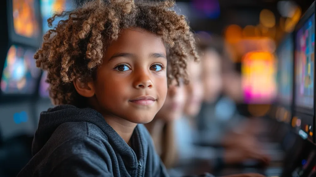 A young boy with curly brown hair looks directly at the camera.  He's wearing a dark gray hoodie.  The background is blurry, showing what appears to be an arcade or game room with brightly lit machines.  Another child is visible out of focus behind him.  The boy's expression is serious and thoughtful.