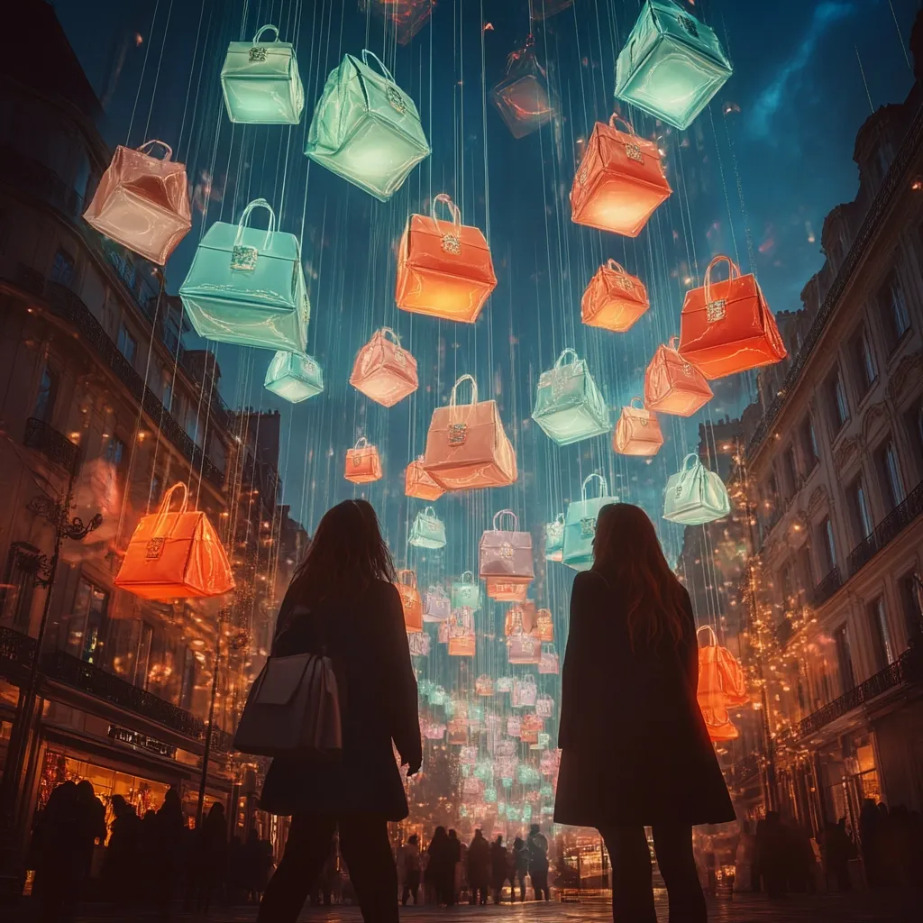 Two women stand silhouetted against a nighttime city street adorned with luminous handbag-shaped lights hanging from above.  The vibrant, colorful bags create a magical, festive atmosphere.  The scene evokes a sense of wonder and shopping, possibly during a holiday season.  The buildings flanking the street are grand and elegantly lit, enhancing the overall ambiance.