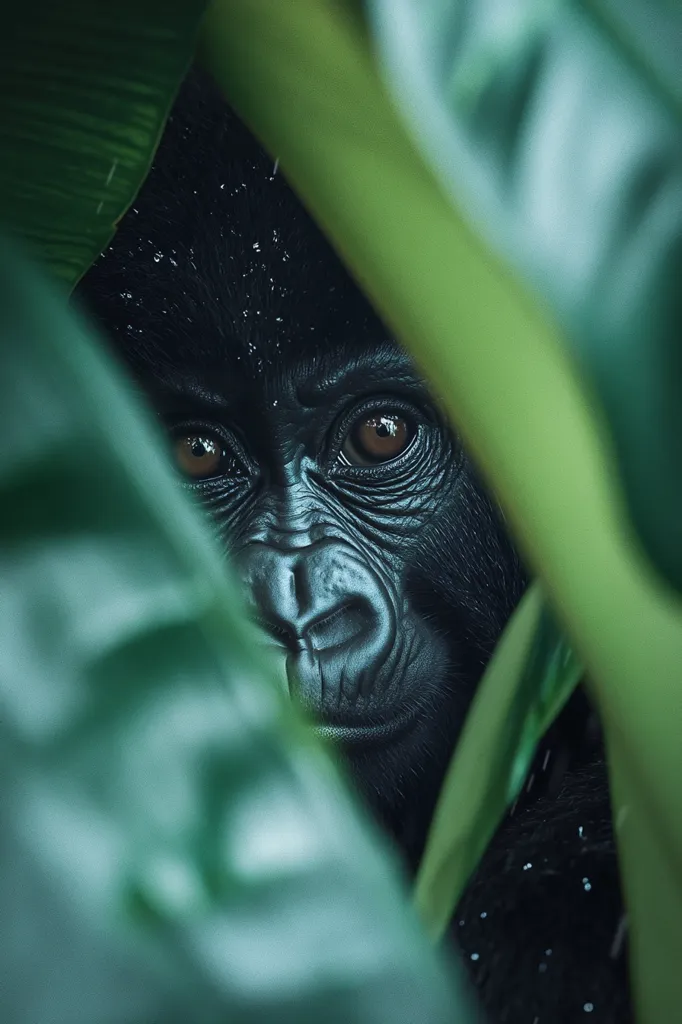 A young gorilla's face is partially visible through lush green foliage.  Its dark fur is speckled with water droplets.  The gorilla's expressive eyes and serious expression peek from behind large leaves, creating a sense of mystery and intrigue within its rainforest habitat.  The image focuses on the gorilla's face, emphasizing its captivating gaze.