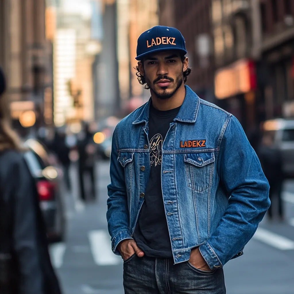 A stylish young man with dark hair and a beard stands on a city street. He's wearing a dark blue denim jacket with the word "LADEKZ" embroidered on the cap and jacket, a black t-shirt, and dark jeans.  His hands are in his pockets.  The background is blurred, showing city buildings and other people.  The overall impression is one of urban cool.