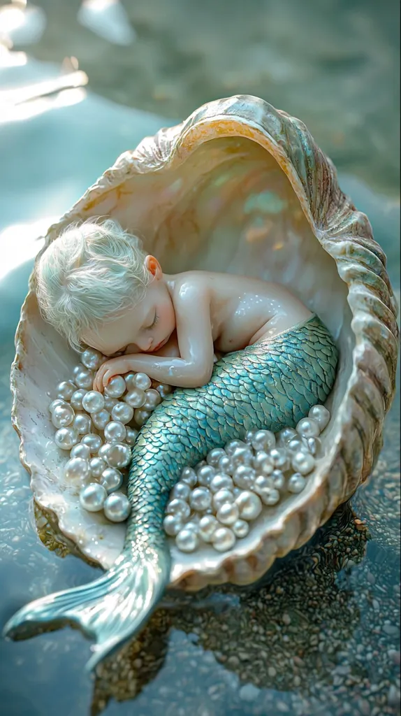 A baby mermaid with blonde hair sleeps peacefully nestled in a large seashell.  Her teal-scaled tail extends from the shell, resting on a bed of lustrous pearls.  The scene is serene and ethereal, evoking a sense of magic and wonder.  The shell sits on a glistening, wet surface, suggesting a coastal setting.