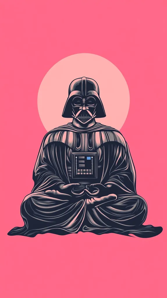 Darth Vader, the iconic Star Wars villain, is depicted in a serene lotus position against a vibrant pink backdrop.  He is rendered in a dark, stylized illustration, holding a small, rectangular object in his lap. A large, pale circle subtly frames him, suggesting a sense of calm amidst the usual intensity of his character.  The image blends pop culture with spiritual imagery.