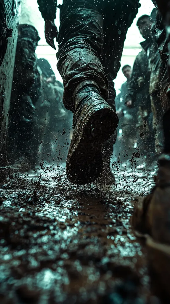 A low-angle close-up captures a soldier's muddy boots splashing through a trench, his legs caked in grime.  Other soldiers, similarly mud-covered, move in the background. The scene is dark, emphasizing the texture of the mud and the harsh environment. The image conveys a sense of action, struggle, and the intensity of combat.