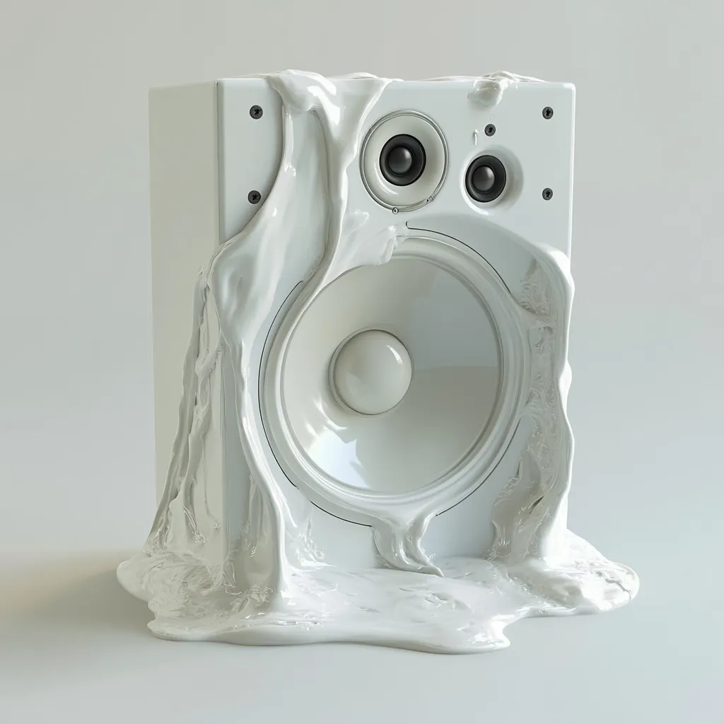 A white cube-shaped speaker is depicted, seemingly melting into a pool of viscous, white liquid.  The speaker's components, including the woofer and tweeter, are visible through the flowing substance. The overall effect is surreal and abstract, suggesting a transformation or the fluidity of sound. The scene is set against a minimalist, light grey background.
