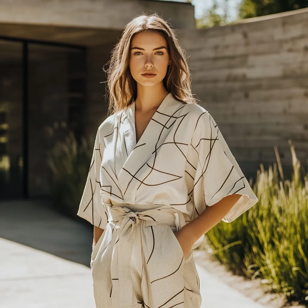 A young woman with long brown hair models a stylish off-white linen jumpsuit. The top features a kimono-style, V-neck, and an abstract brown line print.  The matching pants are high-waisted with a tie belt.  She stands outdoors, against a backdrop of a modern building and greenery, exuding a confident and relaxed pose.