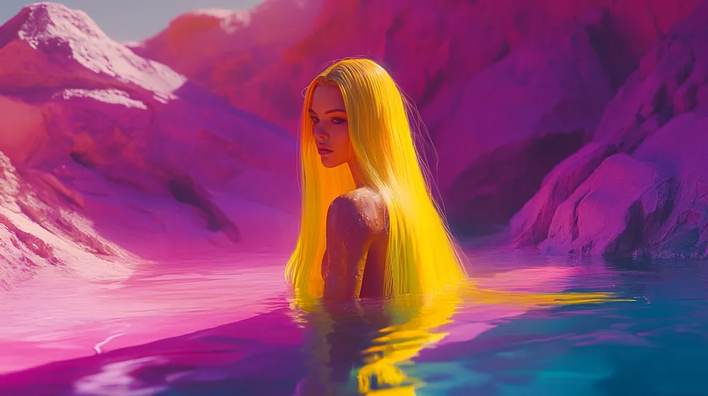 A digital painting depicts a woman with vibrant yellow hair partially submerged in a body of water.  The water is a gradient of purples and blues, reflecting the surrounding surreal, pink landscape of smooth, sculpted rocks.  The woman's expression is serene, and her skin glistens. The overall mood is dreamy and otherworldly.
