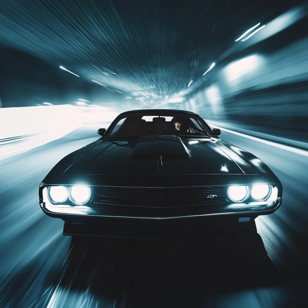 A sleek, black classic muscle car speeds through a dimly lit tunnel.  Headlights illuminate the road ahead, creating a dramatic contrast against the blurred background. The driver is visible within, adding to the sense of motion and power. The image evokes a feeling of speed, mystery, and classic automotive style.