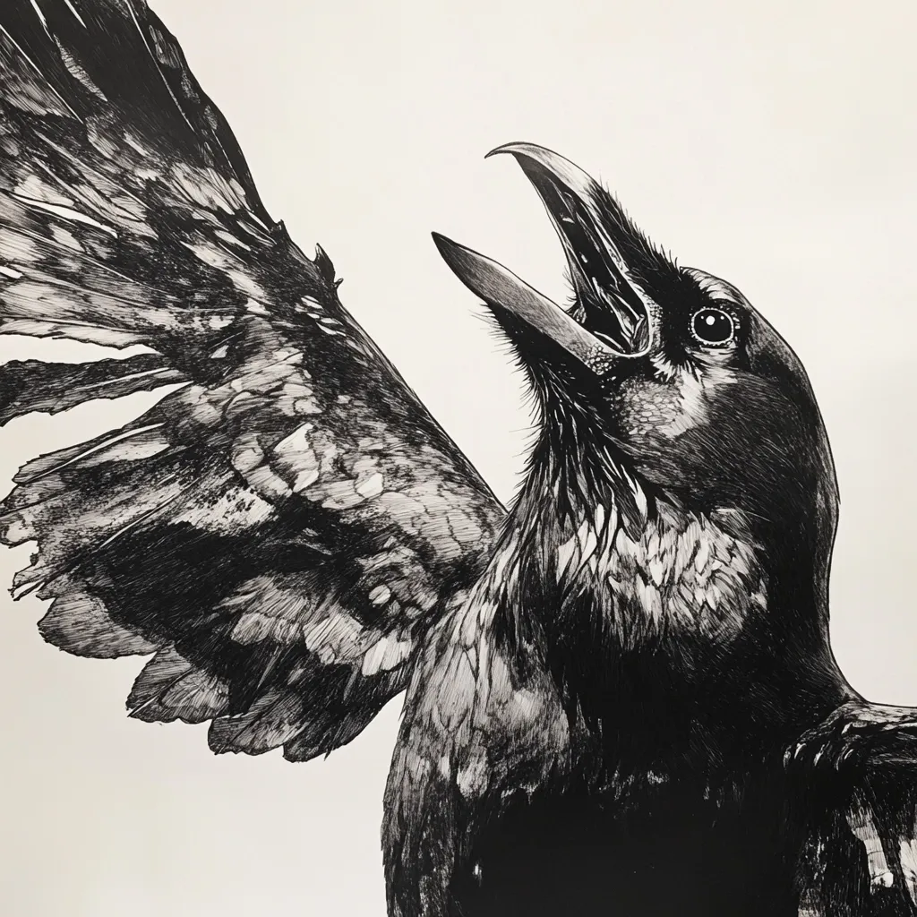 A detailed black and white drawing of a raven with its wings outstretched.  The bird's beak is open in a call, and its feathers are meticulously rendered, showing individual strands.  The style is highly realistic, emphasizing texture and detail. The background is a simple white, focusing attention solely on the raven.