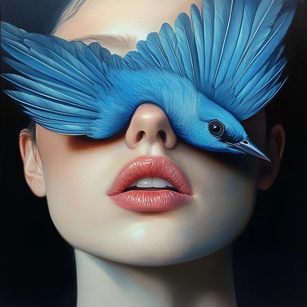 A hyperrealistic painting depicts a woman's face partially obscured by a vibrant blue bird. The bird's wings spread across her eyes, its body resting gently on her nose.  Her lips are softly parted, creating a sense of serene mystery.  The contrast between the smooth skin and the bird's textured feathers is striking, suggesting a theme of hidden beauty or veiled perception. The dark background emphasizes the subject's delicate features and the vivid blue of the bird.