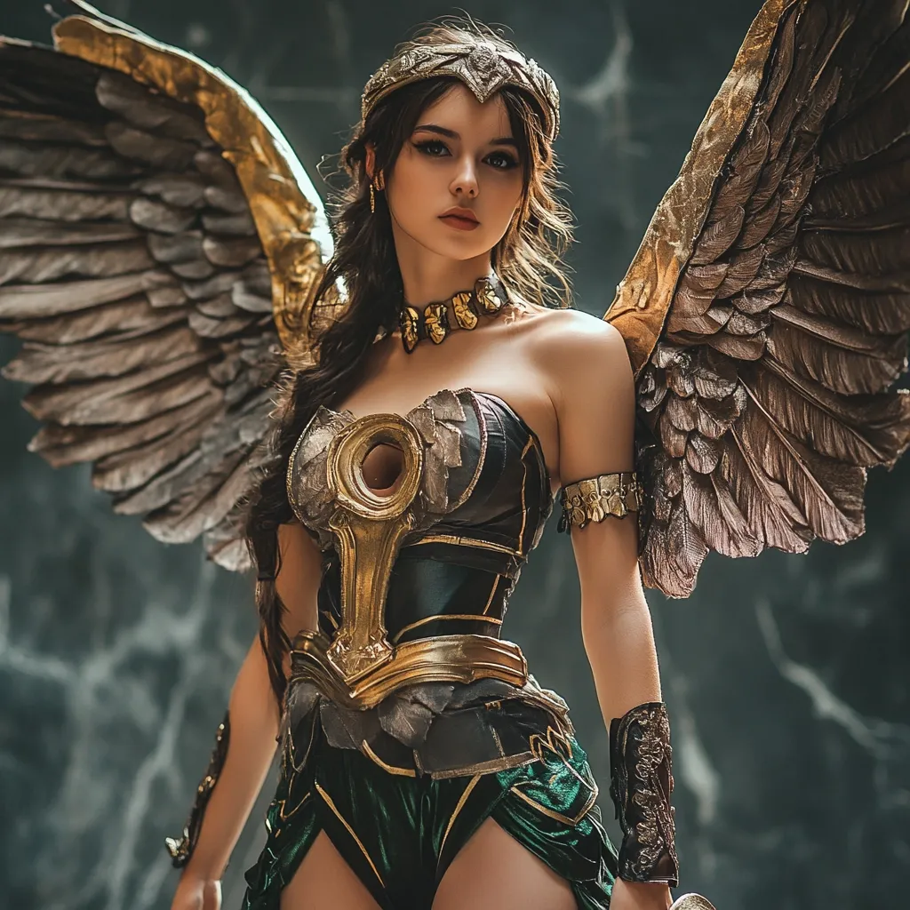 A stunning woman in elaborate cosplay is depicted, resembling a winged goddess or warrior.  She wears a dark and gold armored bodice, a green skirt, and a golden crown.  Large, intricately designed wings extend from her back.  Her expression is serious and captivating, creating a powerful and majestic image. The background is dark and moody, emphasizing the costume's details and the model's presence.