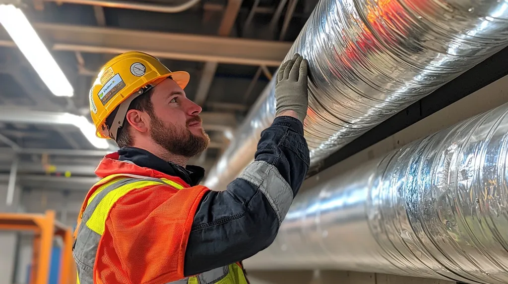 A male construction worker, wearing a yellow hard hat and orange safety vest, inspects large, silver, insulated pipes.  He's positioned in an industrial setting with exposed ceilings and metal ductwork. His focused expression and hand placement suggest a careful assessment of the infrastructure. The image highlights the worker's expertise and the scale of the project.
