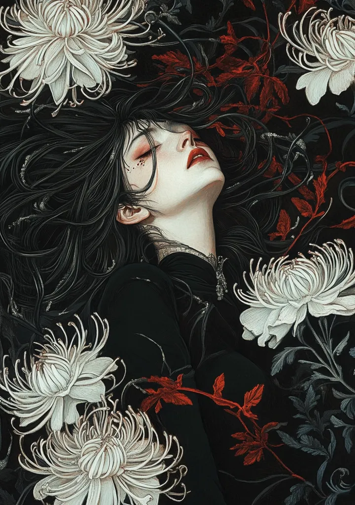 A young woman with long, dark hair lies amidst white chrysanthemum flowers and dark red foliage.  Her eyes are closed, and she appears serene, almost ethereal. The dark background and contrasting flower colors create a dramatic and melancholic mood.  The artwork is detailed and evocative, suggesting a sense of mystery and quiet beauty.