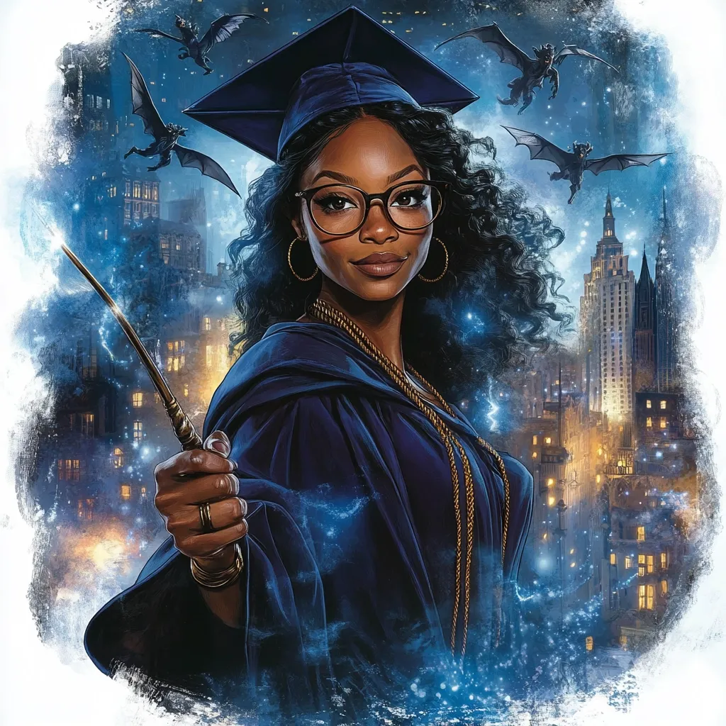 A Black woman with long, curly hair, wearing a graduation cap and gown, holds a magic wand.  She's depicted against a fantastical cityscape at night, with flying creatures reminiscent of gargoyles in the background.  Sparkling blue energy emanates from the wand and surrounds her, creating a magical and powerful image.  Her glasses and confident expression add to her scholarly and enchanting persona.